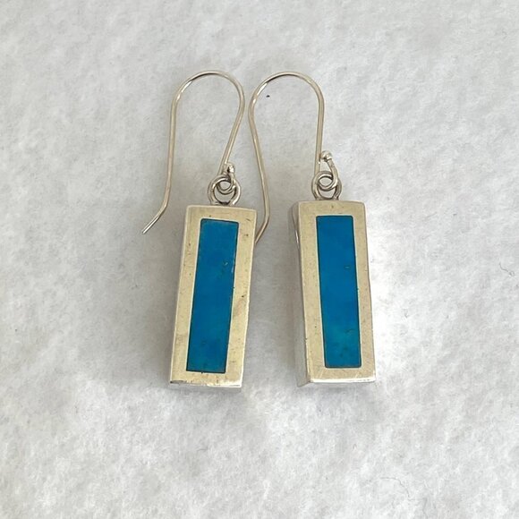 Sterling Silver 925 1.64" Rectangular Simulated Turquoise Dangle Earrings - Picture 6 of 16